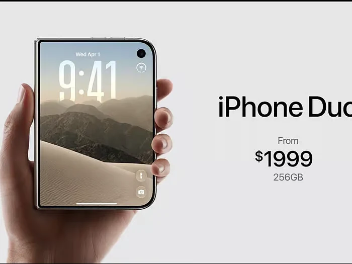 iPhone Duo, Apple's first foldable iPhone, shown open in one hand — from $1,999 for 256GB